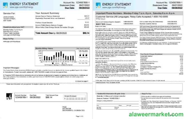 USA California PG&E (Pacific Gas and Electric Company) utility bill, Word and PDF template, 6 pages 1 2